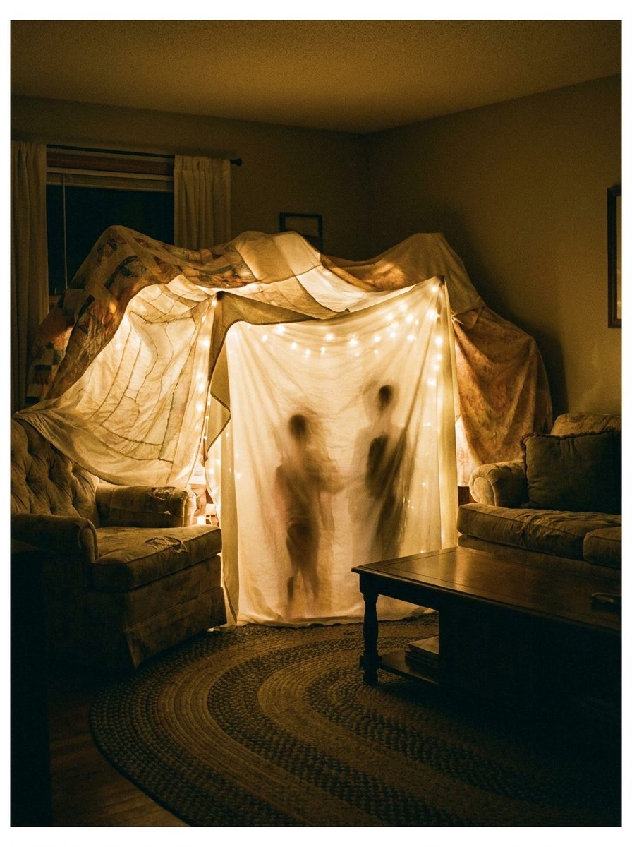 Blanket fort in a living room lit with fairy lights, children silhouetted inside