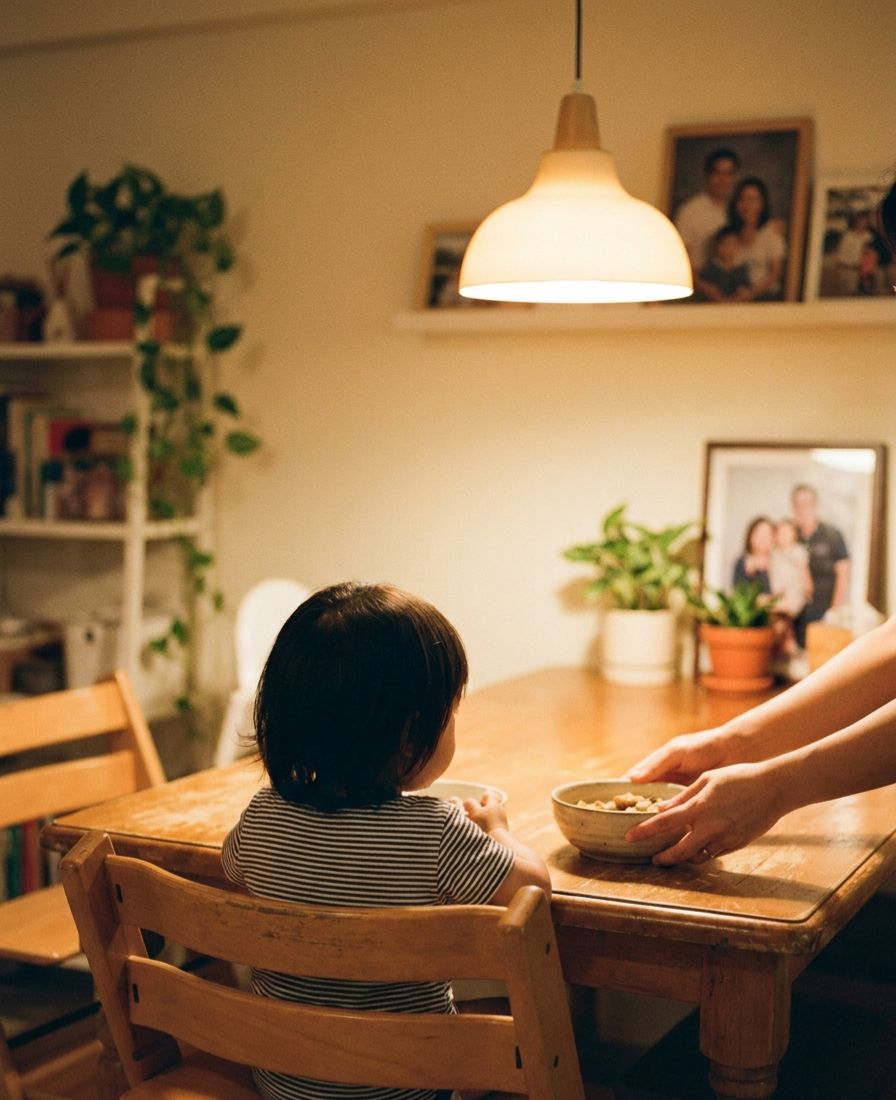 Kitchen table set for dinner, a bowl being placed in front of a child