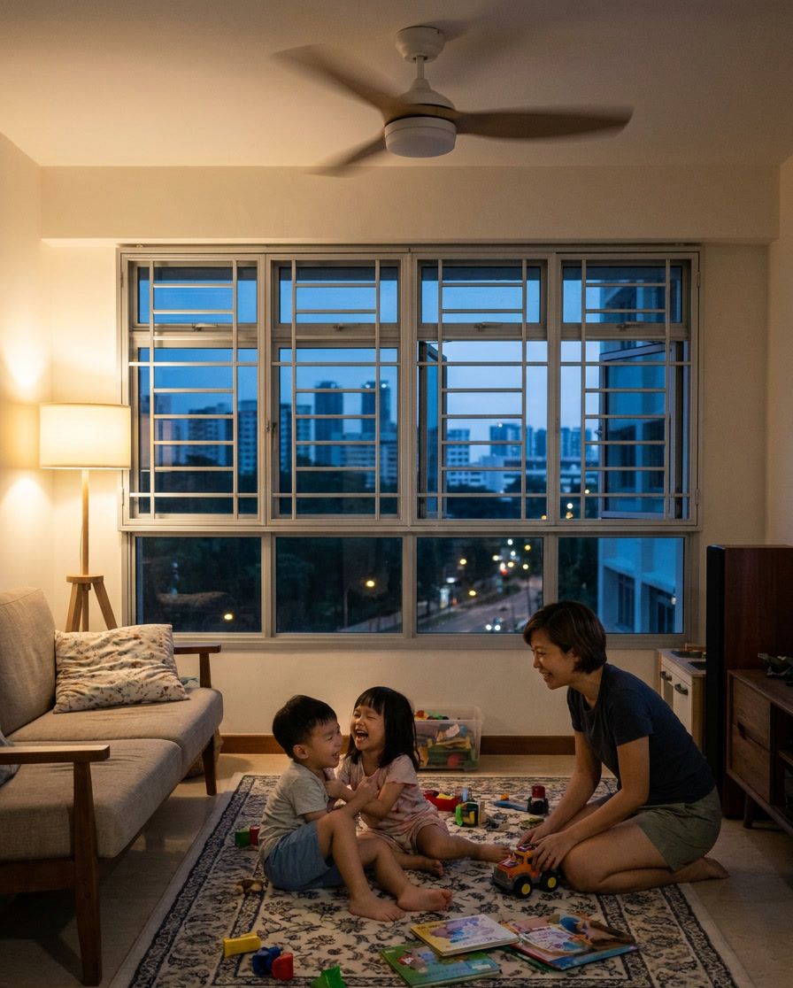 Living room at dusk, lamplight, children playing on a rug